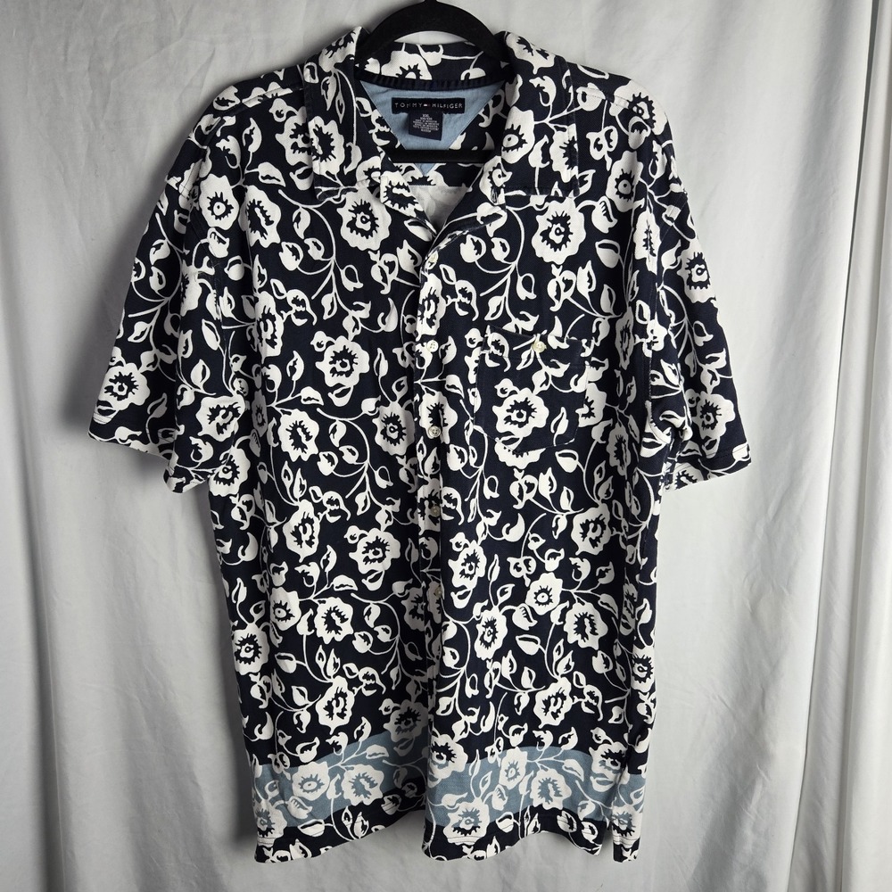 Vtg Y2K Tommy Hilfiger Hawaiian Camp Shirt Mens XXL Blue Textured Knit‎ Cabana